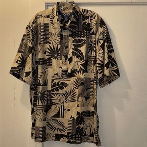 ONO & Company Men's Aloha Hawaiian Shirt 100% Cotton Tan Black Leaf Print  Sz XL